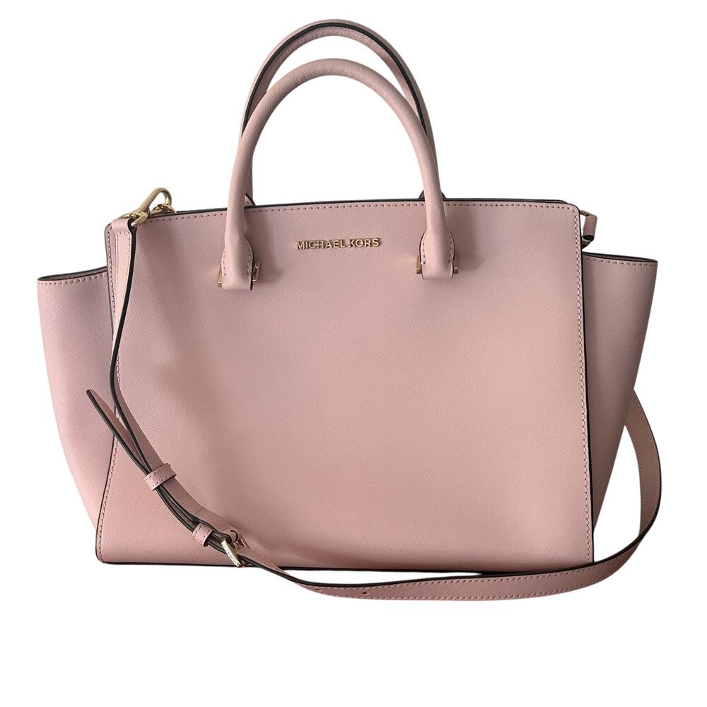 Michael Kors Large Selma Satchel Bag Ballet Pink Saffiano Leather Zip Purse